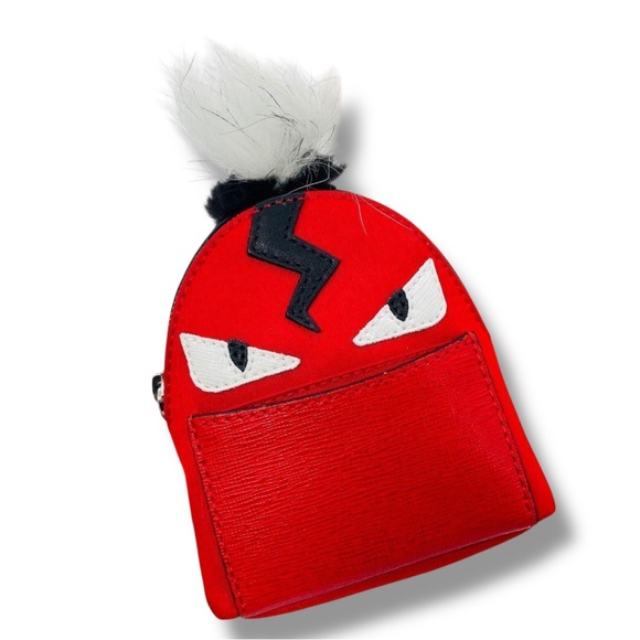 FENDI Monster Bugs Backpack Charm in Red Leather RARE COLLECTIBLE Fur Accent - Picture 1 of 8